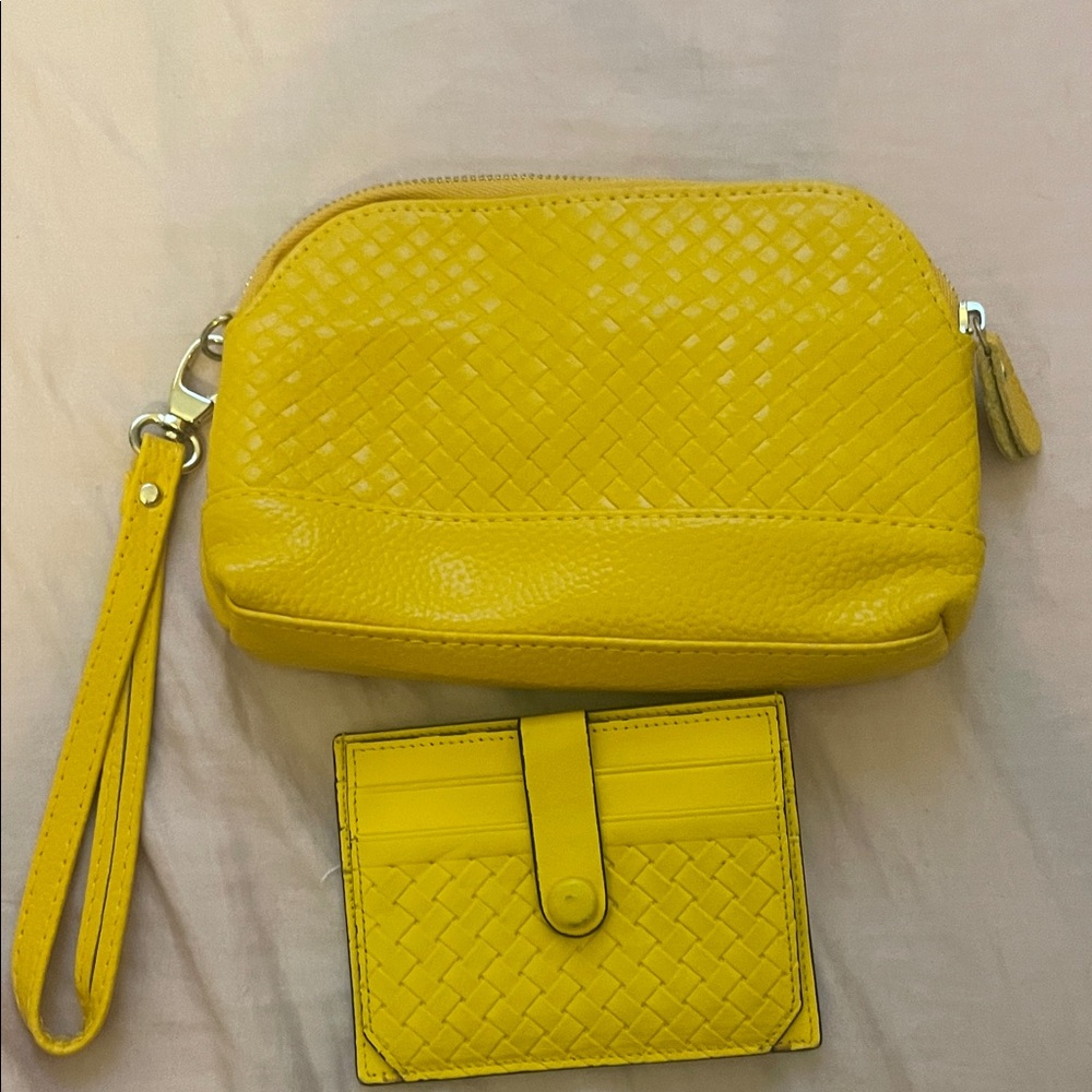 Yellow Woven Faux Leather Wristlet and Card Holder Set